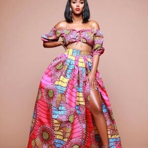 African Wax Print 2 Piece Set. Off Shoulder Crop Top & Maxi Skirt High Slit